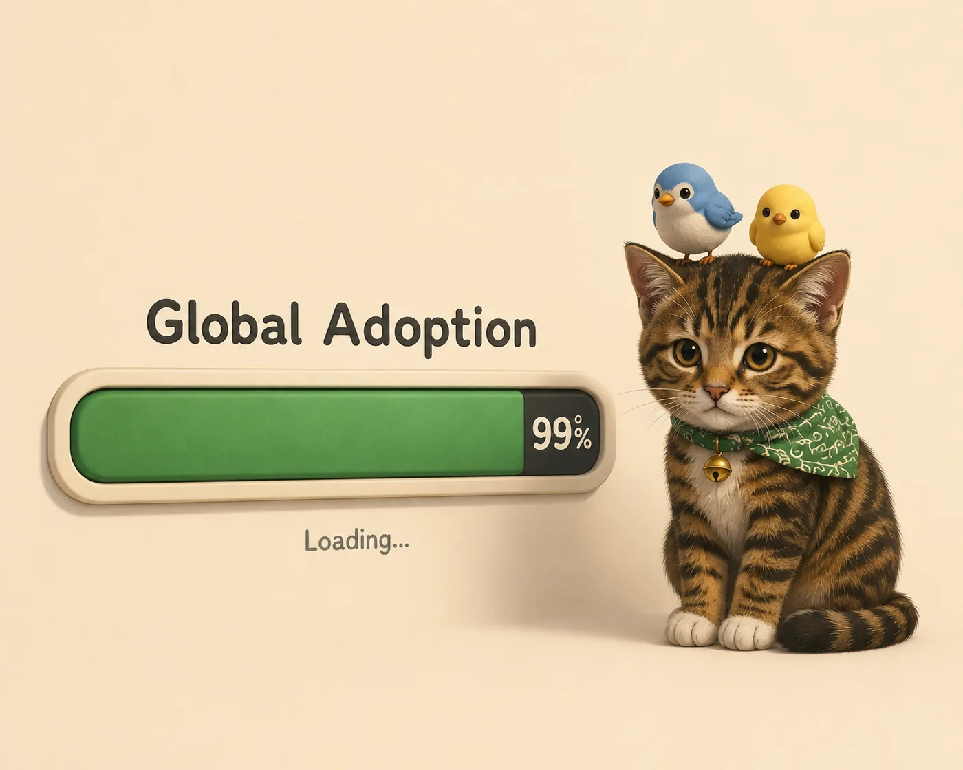 Global adoption loading bar at 99% beside Cate with two birds perched above